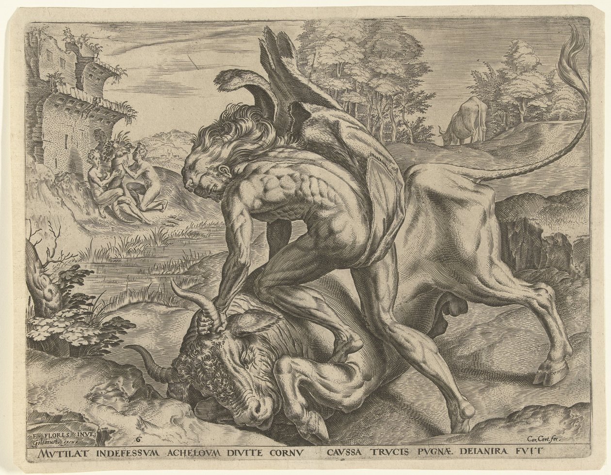 Hercules worstelt met Acheloüs Werken van Hercules (serie titel) door Cornelis Cort