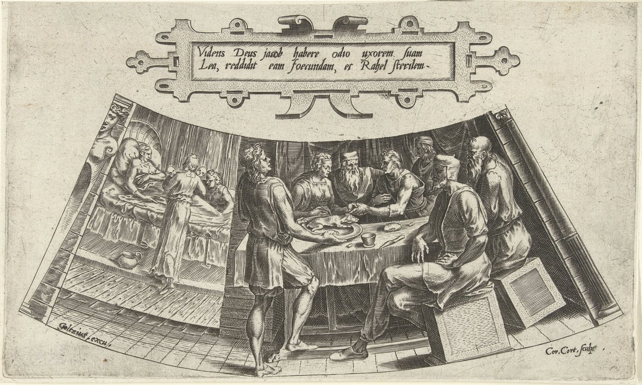 Het huwelijk van Jakob en Lea en de geboorte van hun eerste kind door Cornelis Cort