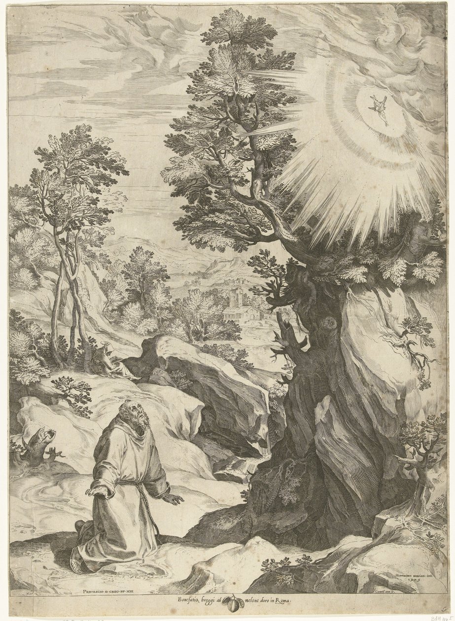 Landschap met het visioen van de H. Franciscus van Assisi door Cornelis Cort