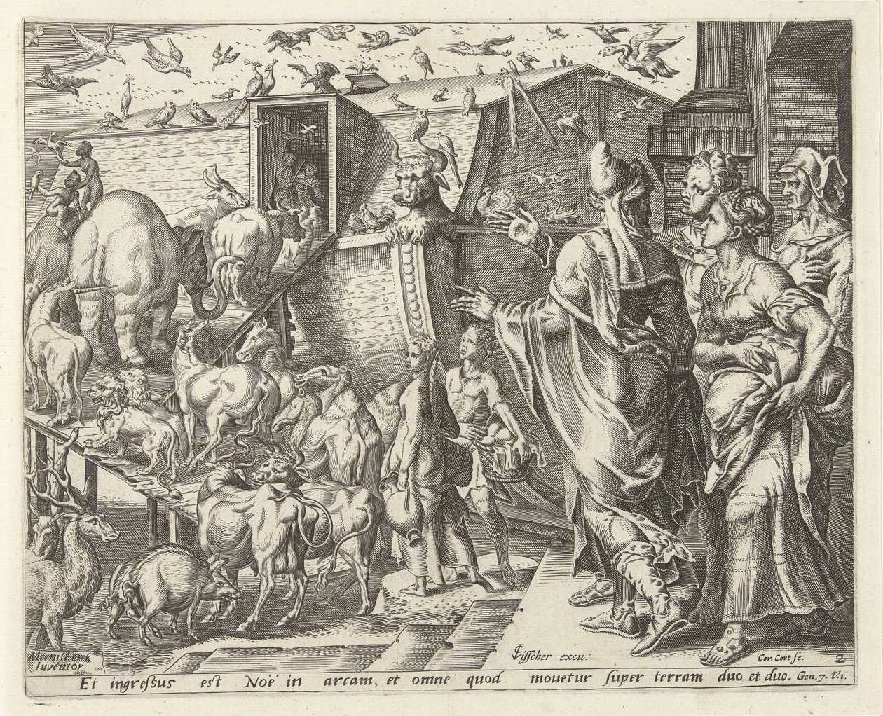 Noach gaat met zijn familie en de dieren aan boord van de ark door Cornelis Cort