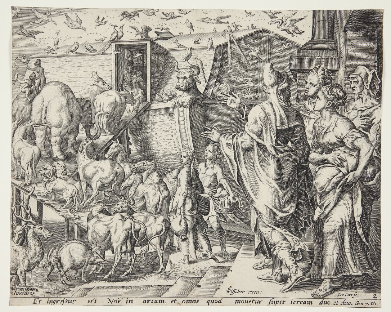 Noach, zijn familie en de dieren gaan aan boord van de ark door Cornelis Cort