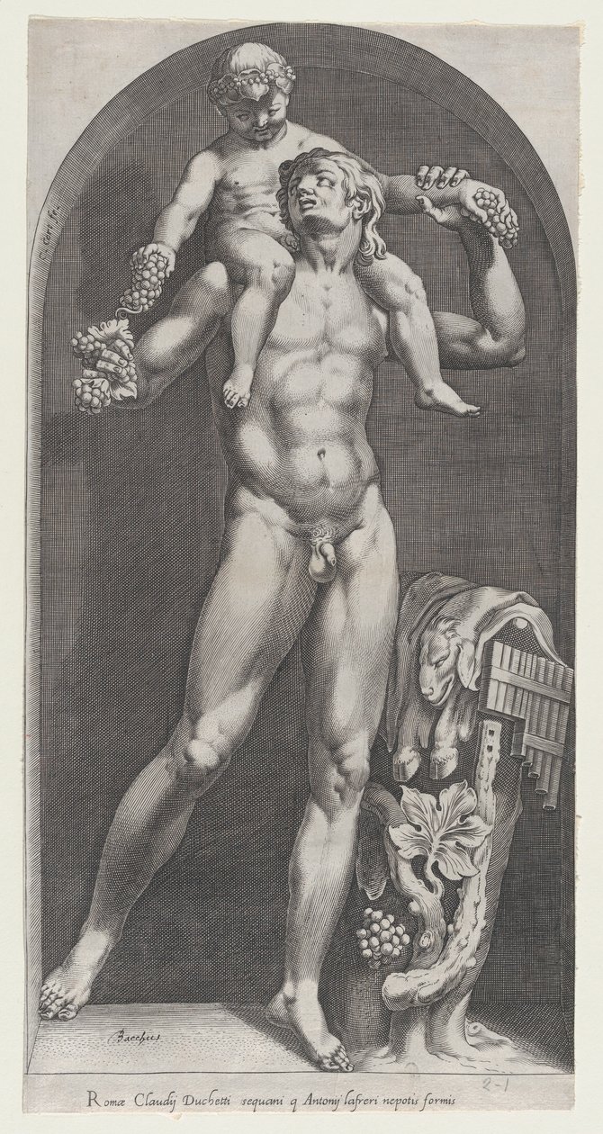 Speculum Romanae Magnificentiae: Bacchus op de Schouders van een Sater door Cornelis Cort