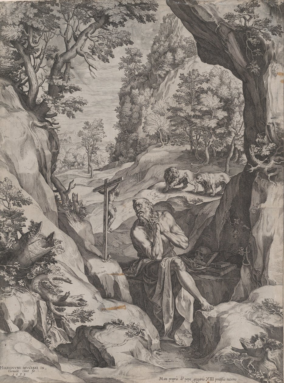 St. Hiëronymus Boetvaardig in de Wildernis, 1573 door Cornelis Cort