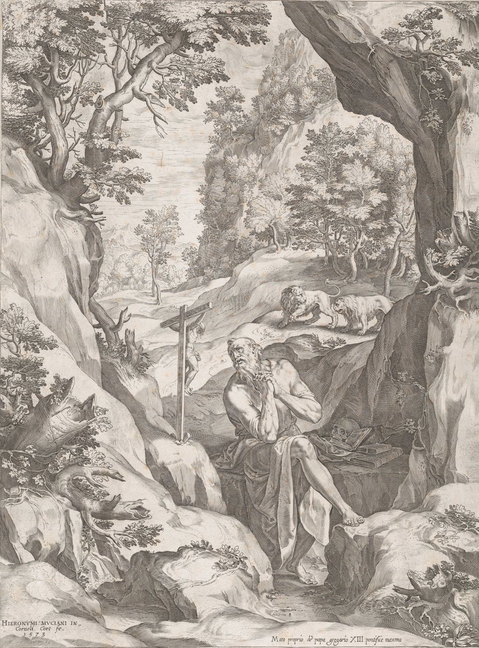 St. Hiëronymus boetvaardig in de wildernis, 1573 door Cornelis Cort