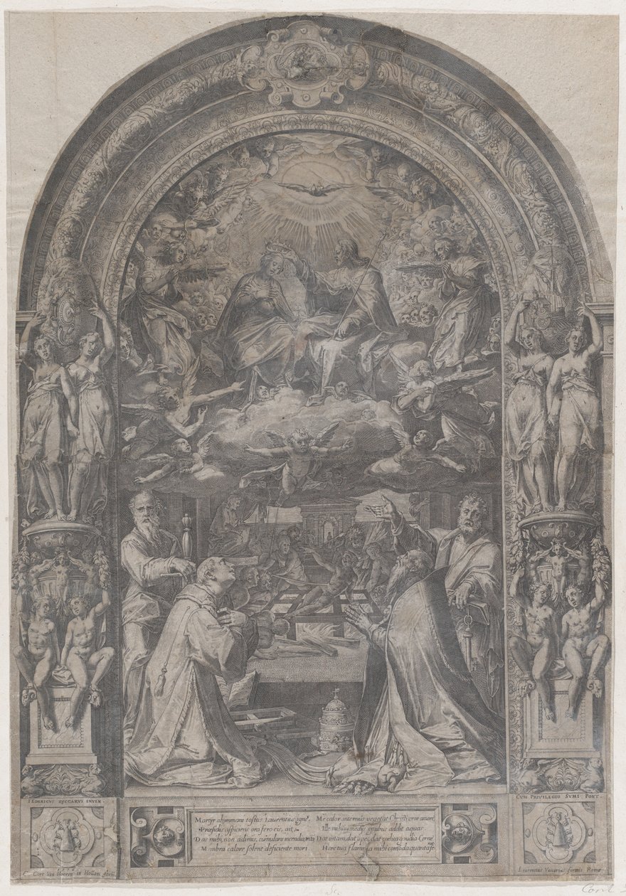 De Kroning van de Maagd met St. Laurentius, St. Paulus, St. Petrus en St. Sixtus, 1576 door Cornelis Cort