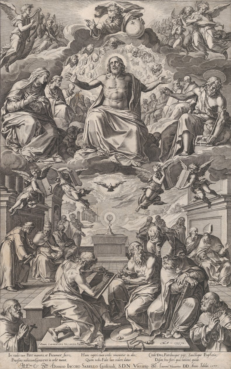 Het geschil van de kerkvaders over het heilig sacrament, 1575 door Cornelis Cort
