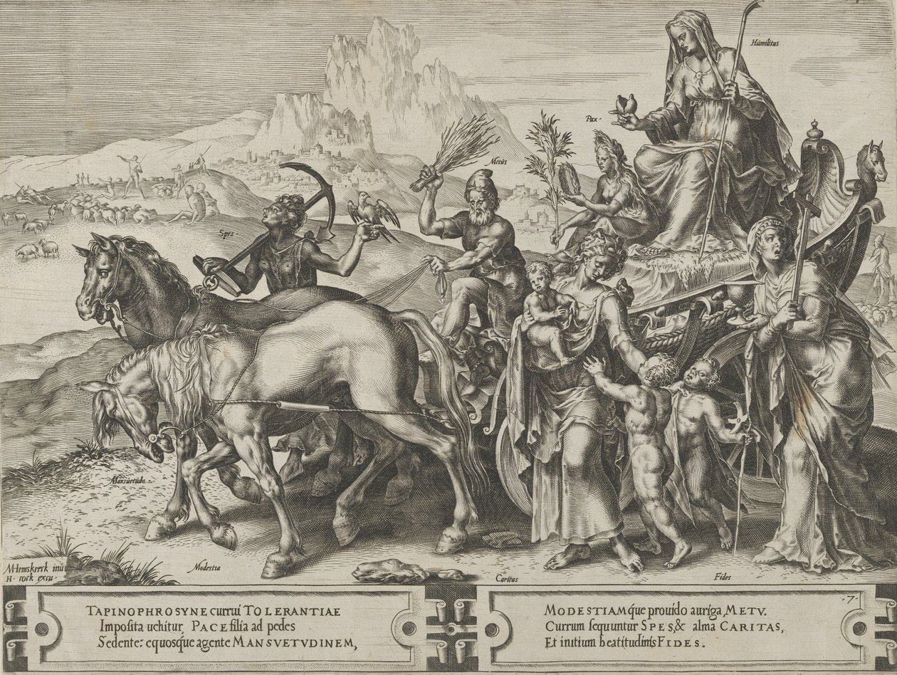 De triomf van nederigheid, uit De cyclus van de wisselvalligheden van menselijke zaken, plaat 7, 1564 door Cornelis Cort