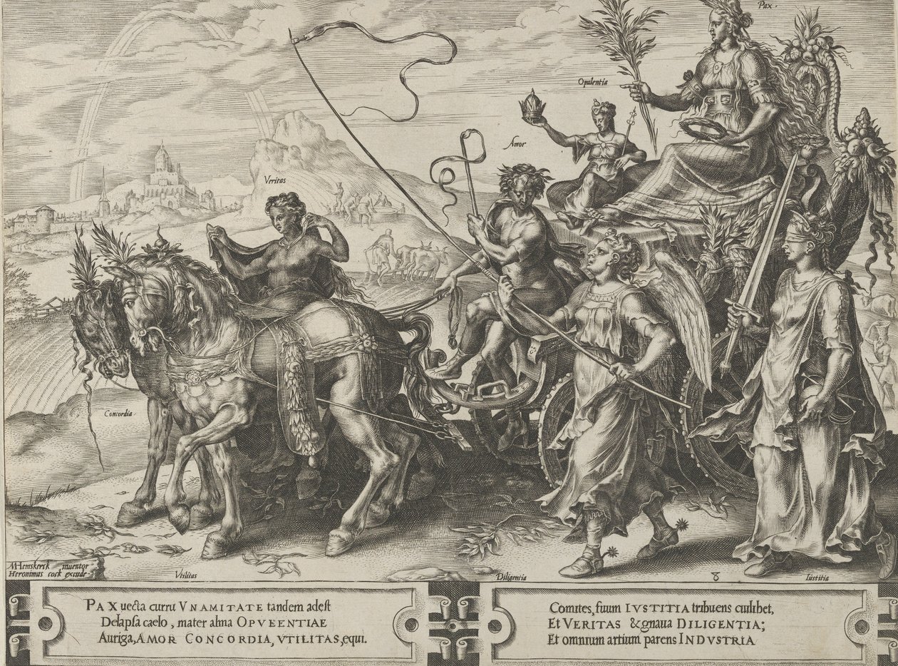 De Triomf van de Vrede, uit De Cyclus van de Wisselvalligheden van Menselijke Zaken, plaat 8, 1564 door Cornelis Cort