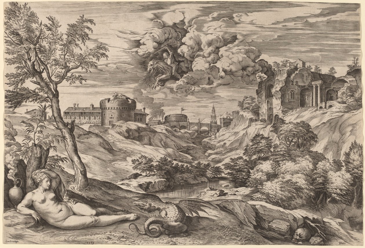 Landschap met Roger die Angelica bevrijdt door Cornelis Cort after Titian