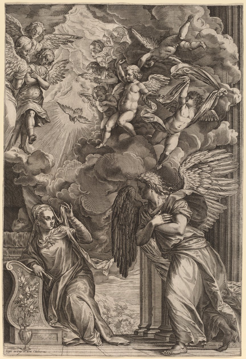 De annunciatie door Cornelis Cort after Titian