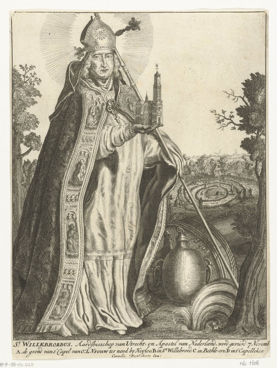 Heilige Willibrordus als aartsbisschop met kerkmodel van Dom te Utrecht door Cornelis Danckerts (I)