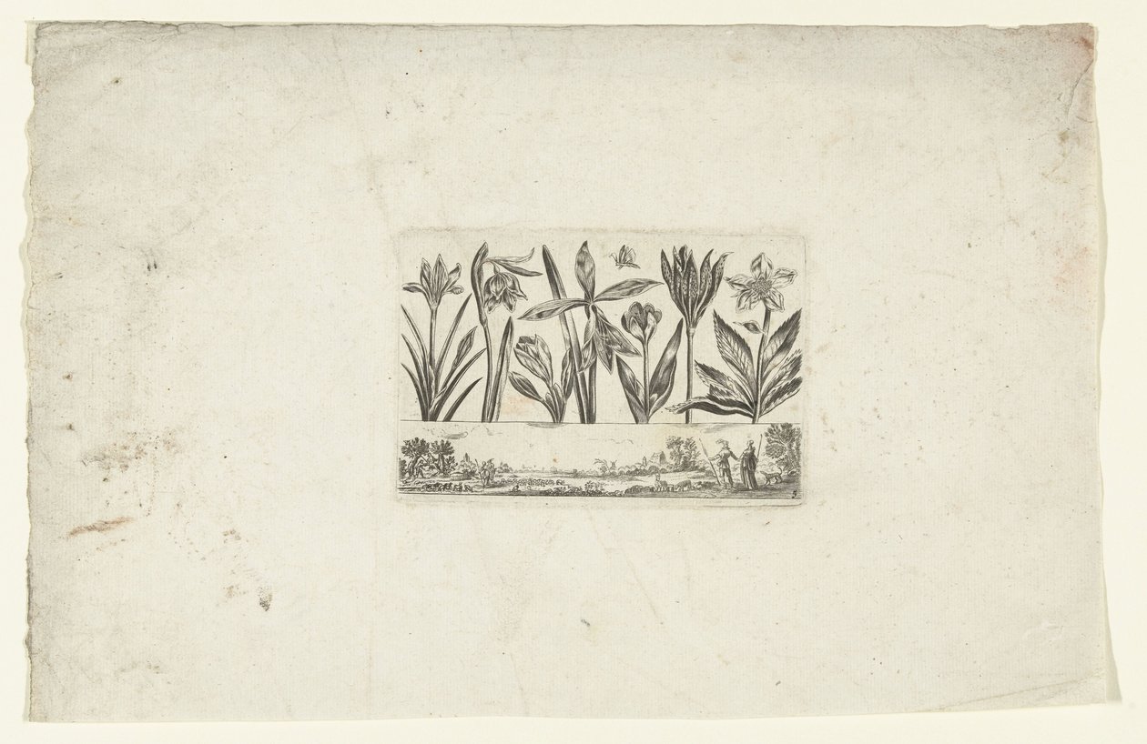 Rij bloemen boven landschap door Cornelis Danckerts (I)