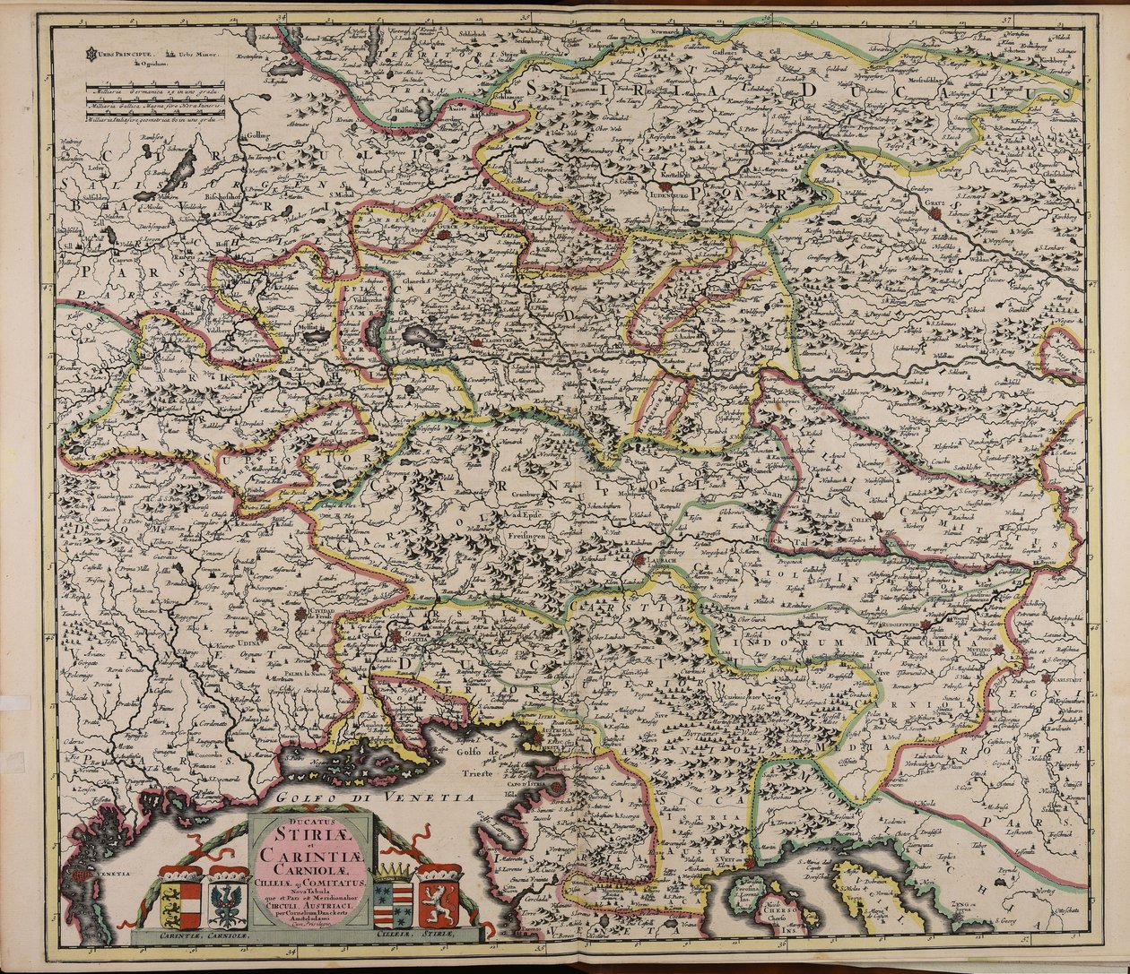 Ducatus Stiriae et Carintiae Carniolae Cilleiae que comitatus nova tabula que et pars est meridionalior circuli Austriaci door Cornelis Danckerts