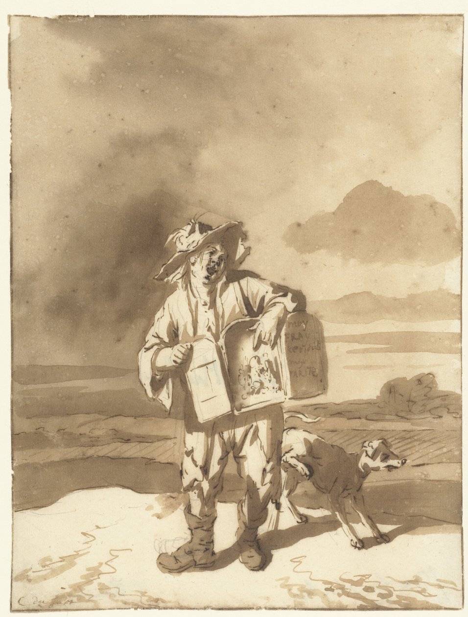 Jongen met een kijkkastje en een hondje, ca. 1700 door Cornelis Dusart