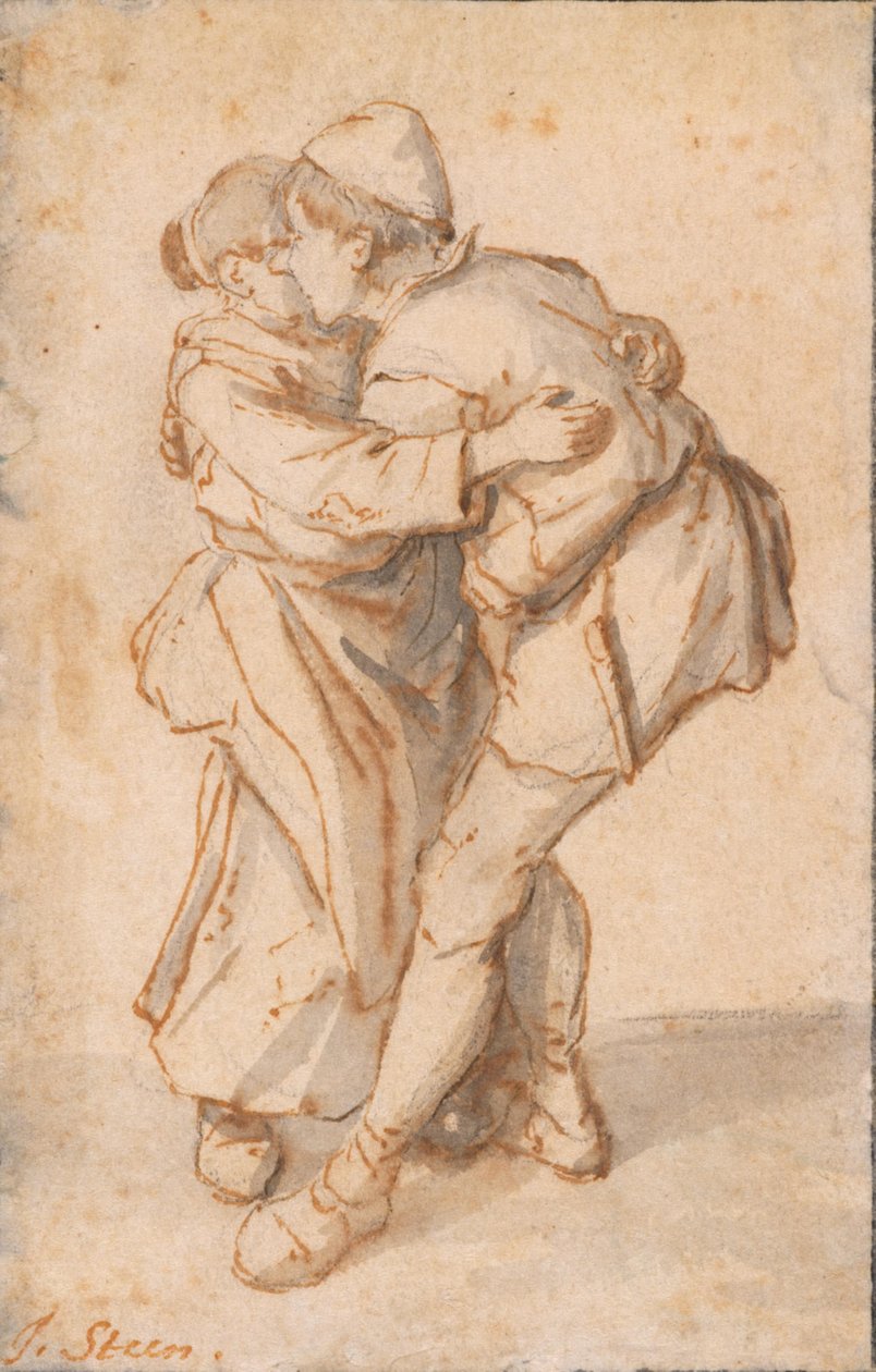Een dansend boerenpaar door Cornelis Dusart