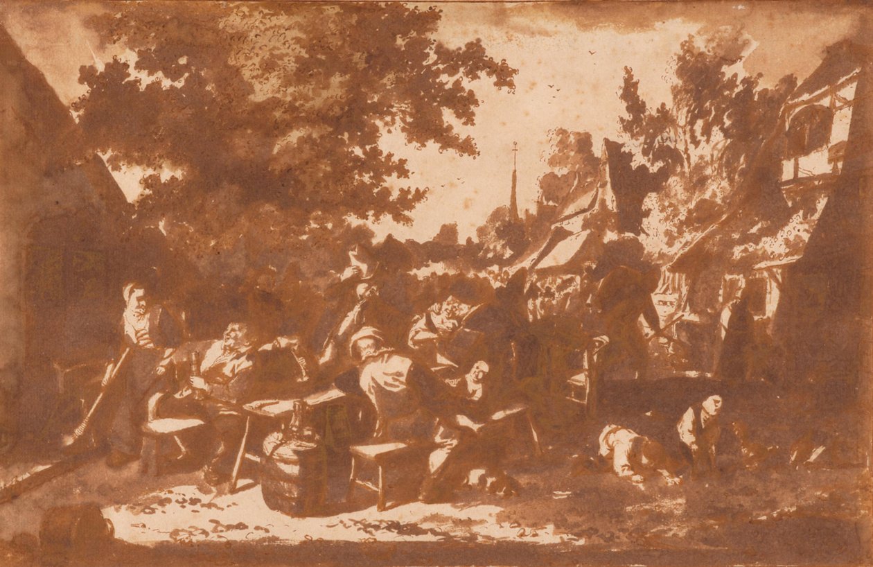 Een dorpsstraat met drinkende boeren door Cornelis Dusart