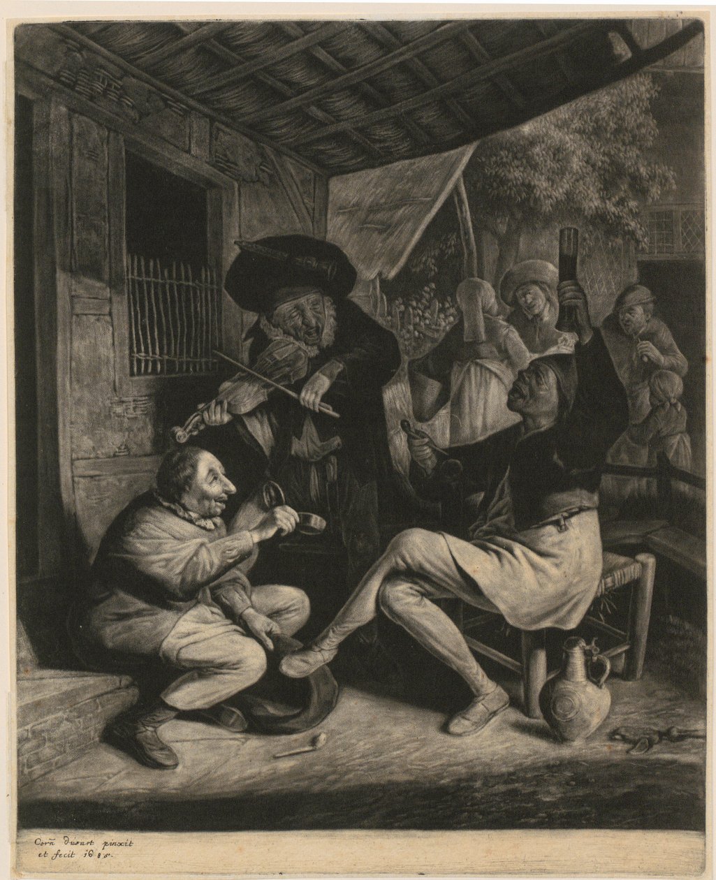 Een man biedt een andere man tabak aan door Cornelis Dusart