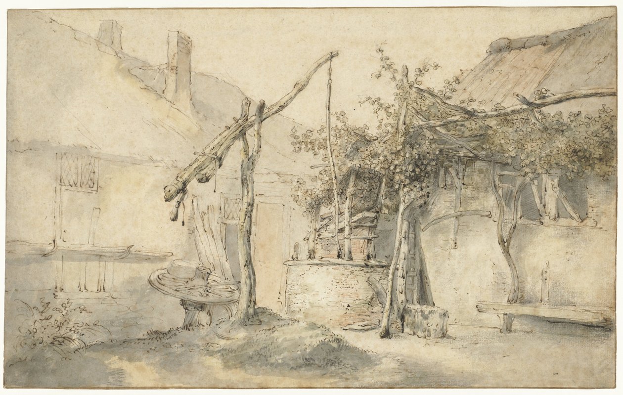 Boerenerf met waterput door Cornelis Dusart