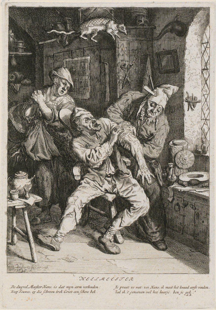 Genezer, blad 2 van een reeks met drie genrestukken door Cornelis Dusart