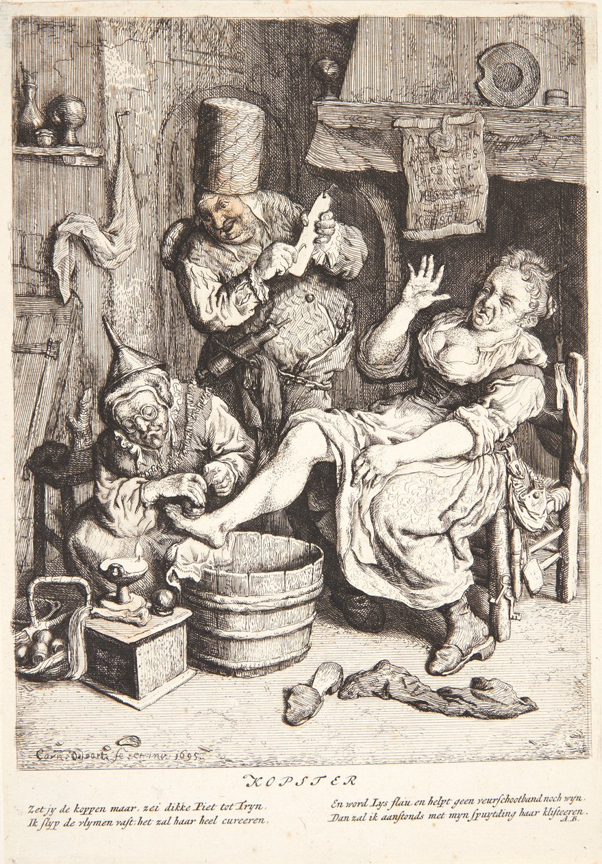 Vrouw die met koppen wordt behandeld door Cornelis Dusart