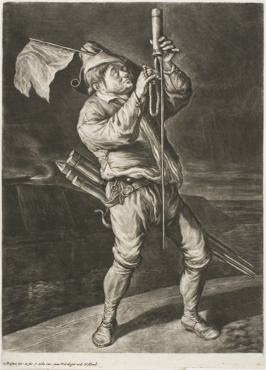 Man die een raket aansteekt, ook wel Vrede is Beter dan een Overwinning, uit Communia Gaudia (De Wijdverspreide Vreugde bij het Beleg van Namen) door Cornelis Dusart