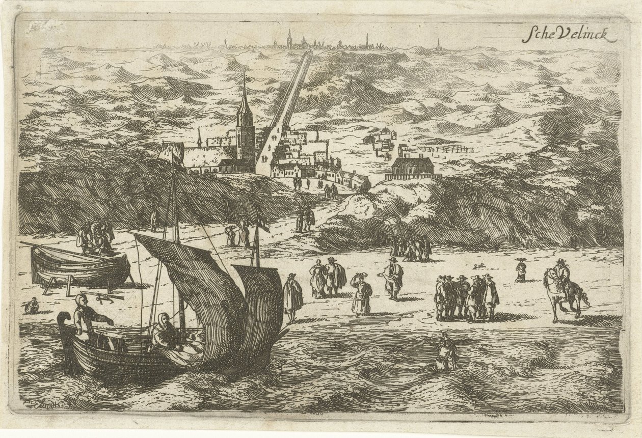 Gezicht op Scheveningen vanaf zee door Cornelis Elandts