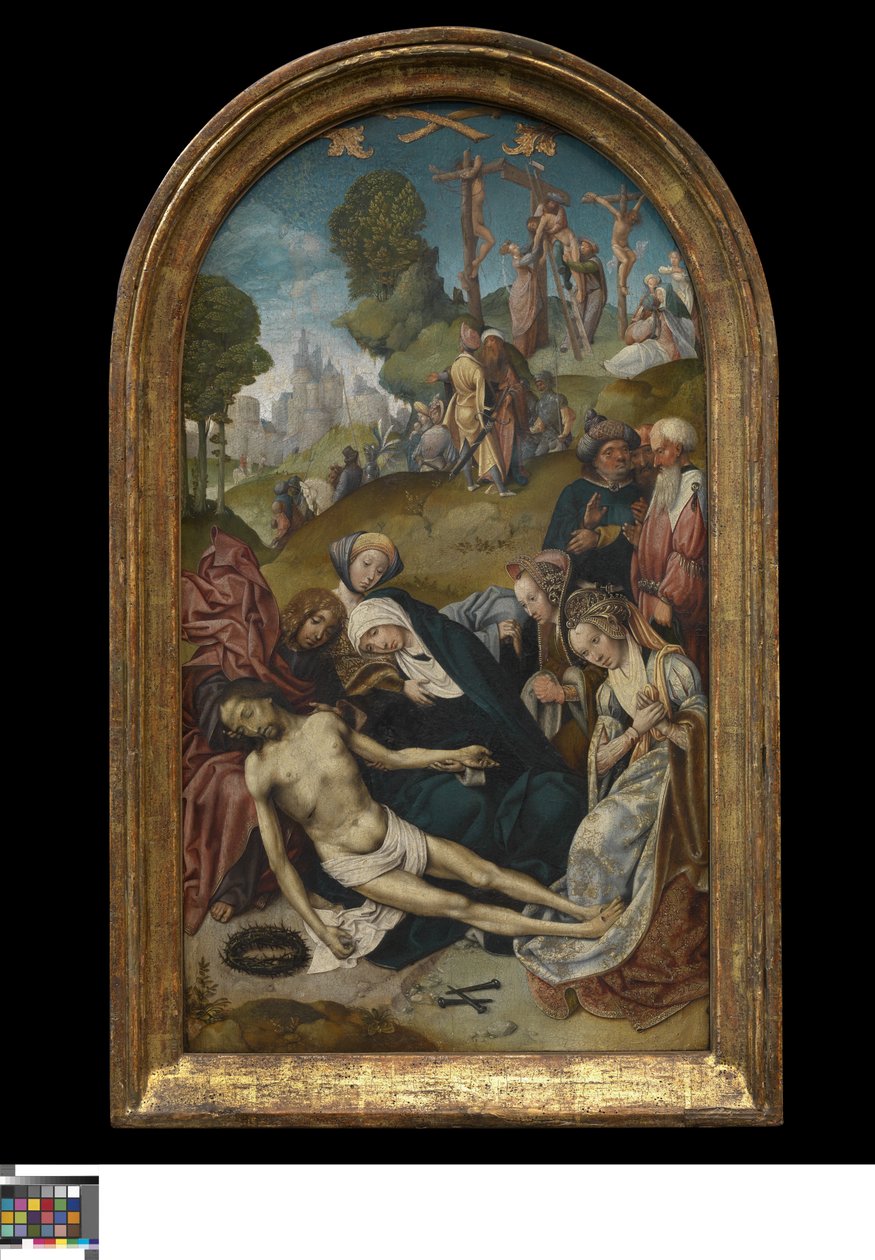 De klaagzang; op de achtergrond de afname van het kruis door Cornelis Engebrechtsz.