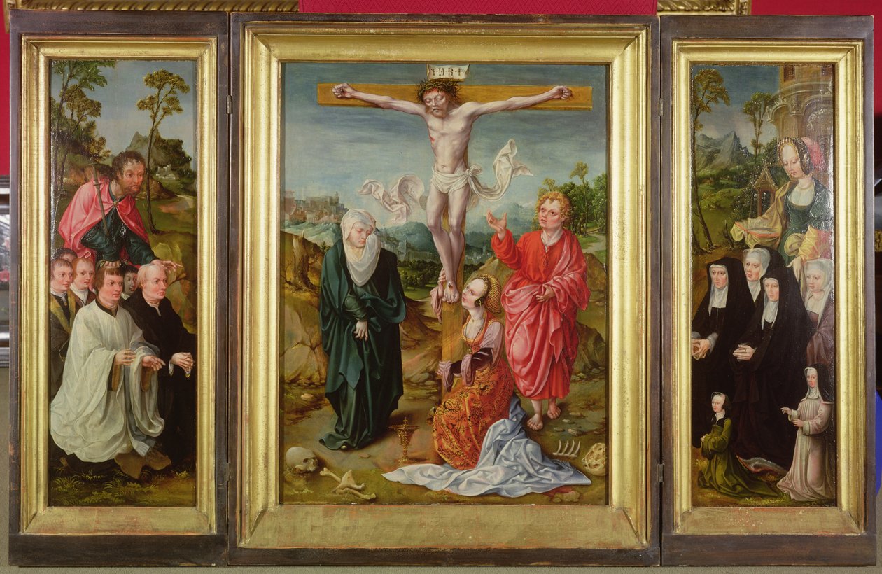 Drieluik van de Kruisiging: St. Barbara met Donoren (rechter vleugel); St. Jacobus de Meerdere met Donoren (linker vleugel); De Kruisiging (midden) door Cornelis Engebrechtsz