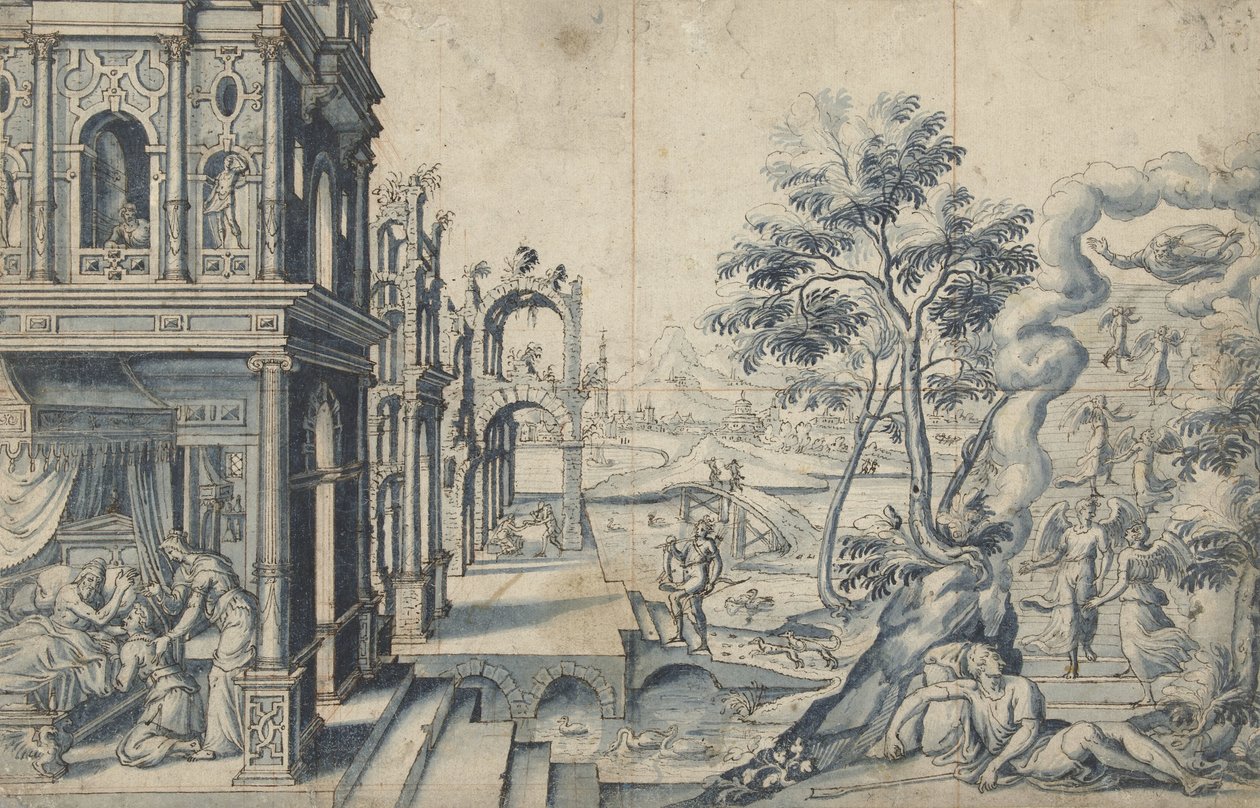 Jacob ontvangt de zegen van Izaäk; Jacobs ladder door Cornelis Floris (II)