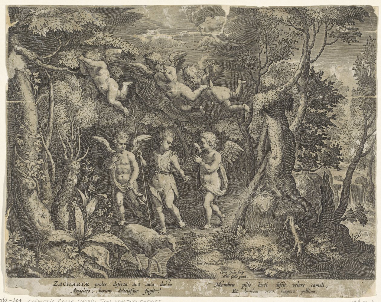 Johannes de Doper wordt begeleid door engeltjes als hij de woestijn intrekt door Cornelis Galle (I)