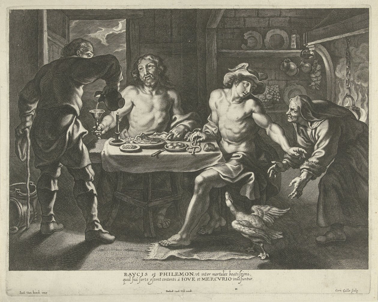 Jupiter en Mercurius in het huis van Philemon en Baucis door Cornelis Galle (I)