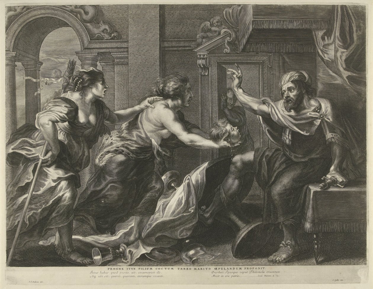 Prokne toont Tereus het hoofd van zijn zoon Itys door Cornelis Galle (I)