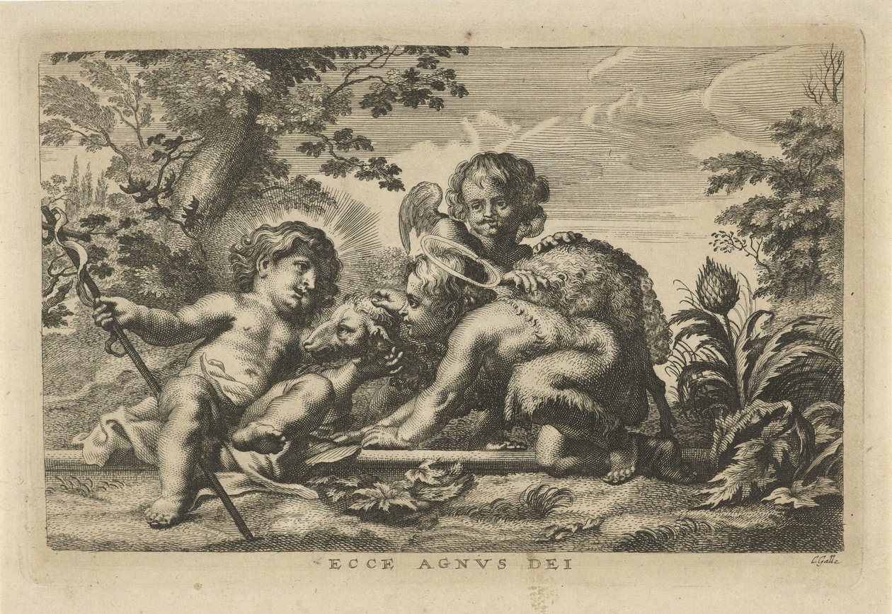 Johannes de Doper en het Christuskind met lam en engel door Cornelis Galle (II)