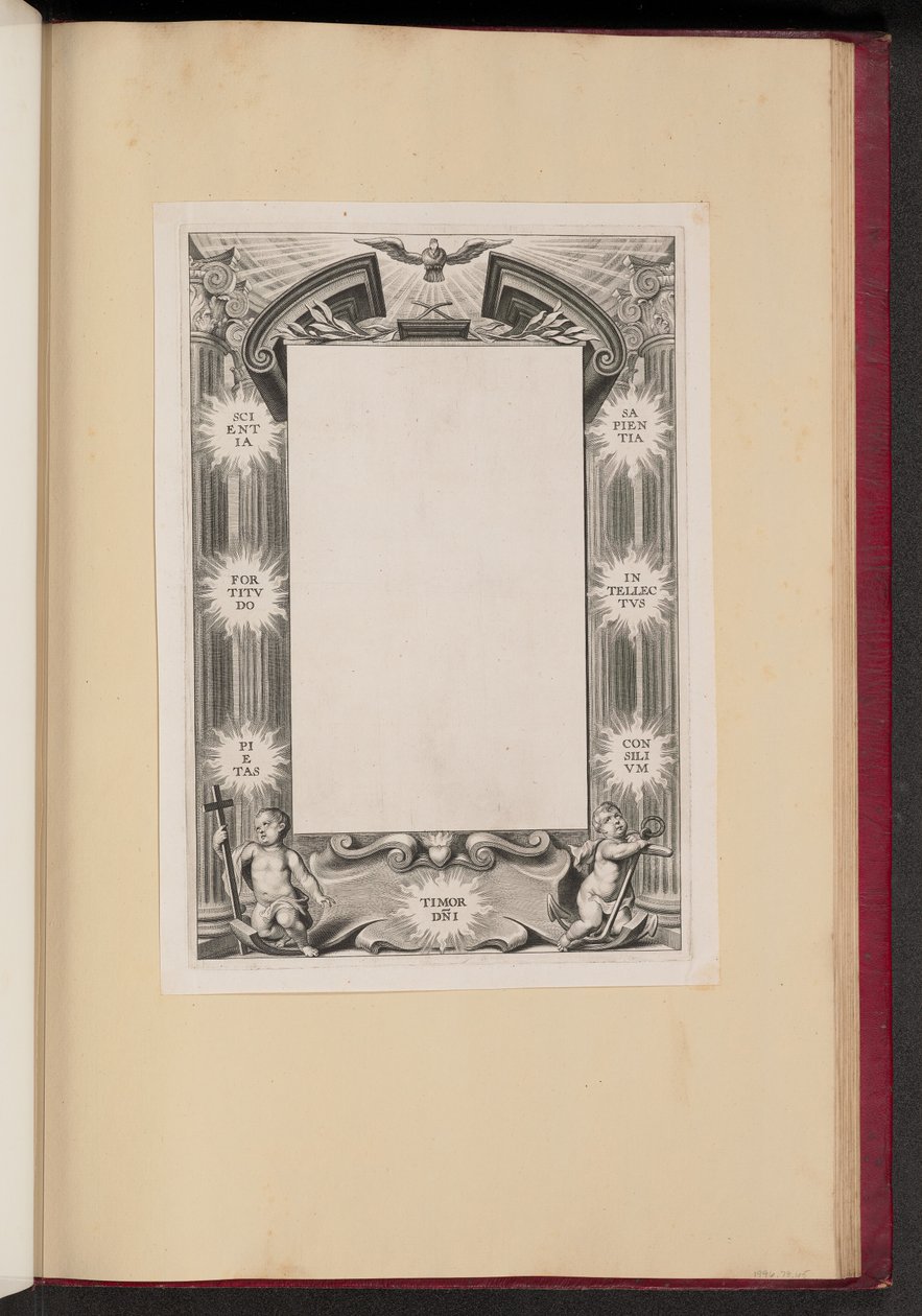 Randillustratie met Twee Putti "Scientia, Fortitvdo, Pietas, Timor-DNI, Sapientia, Intellectvs, Consilivm" door Cornelis Galle I