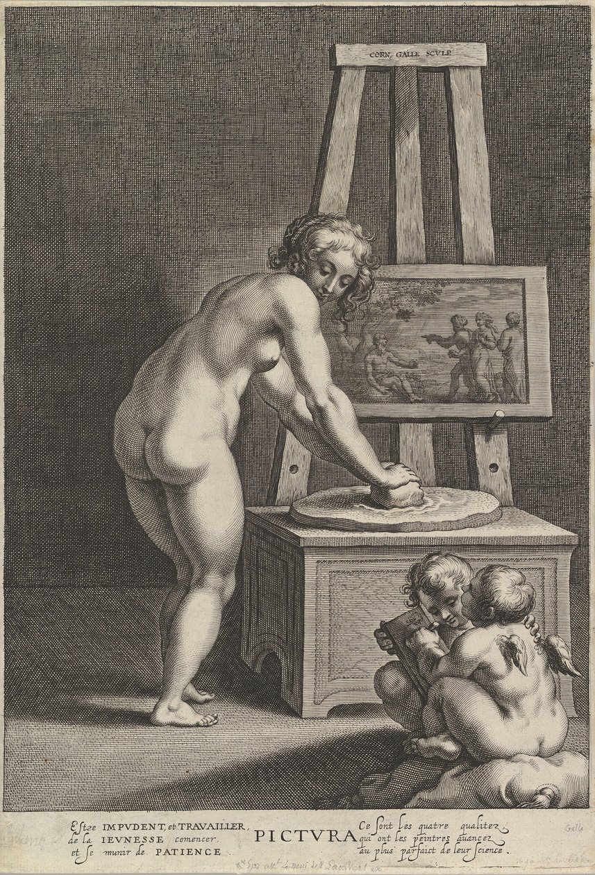 Pictura: allegorie van schilderkunst, met een naakte vrouw in het midden die pigmenten maalt, ca. 1610-50 door Cornelis Galle I