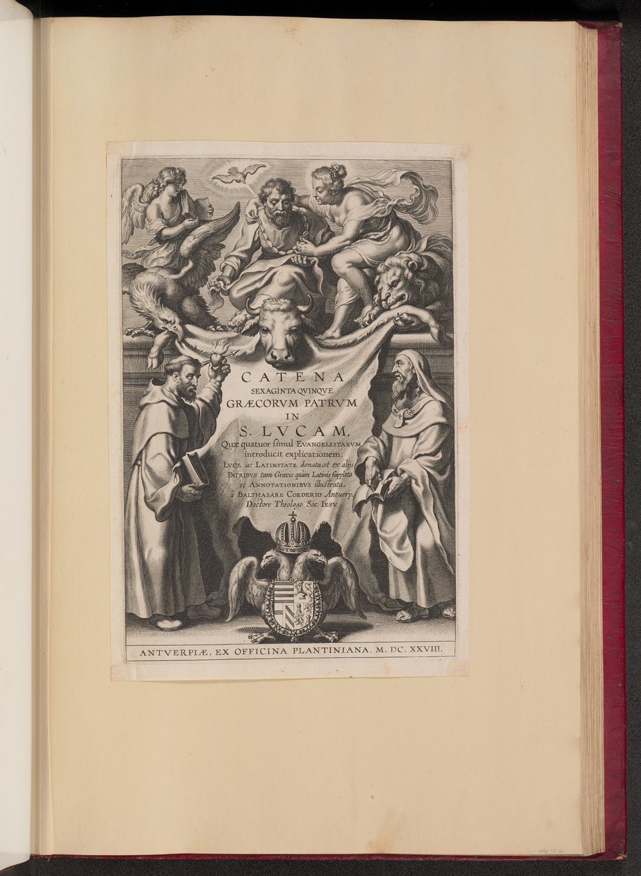 Titelpagina voor Balthasar Cordier, Catena Sexaginta Qvinqve Graecorvm Patrvm in S. Lvcam door Cornelis Galle I after Sir Peter Paul Rubens