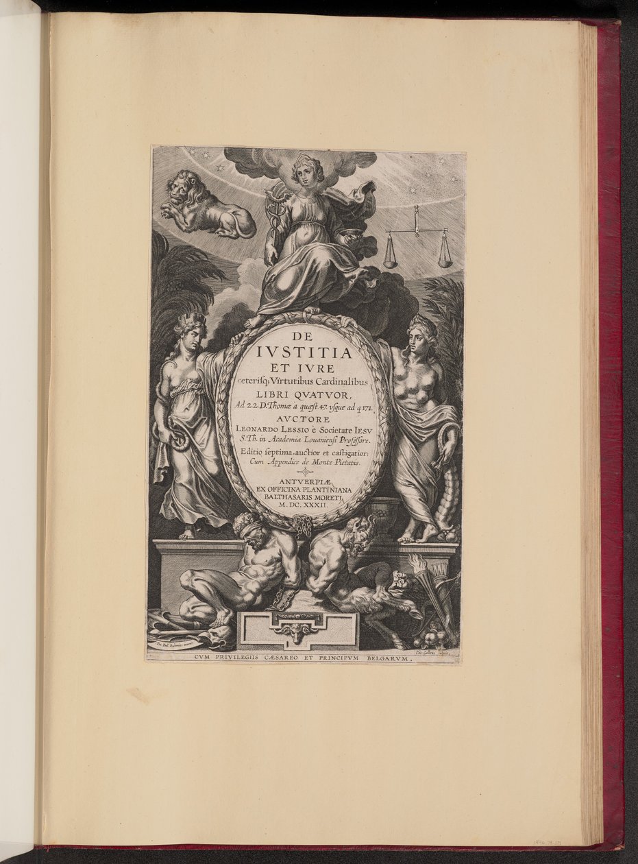 Titelpagina voor Leonard Lessius, De Ivstitia et Ivre door Cornelis Galle I after Sir Peter Paul Rubens