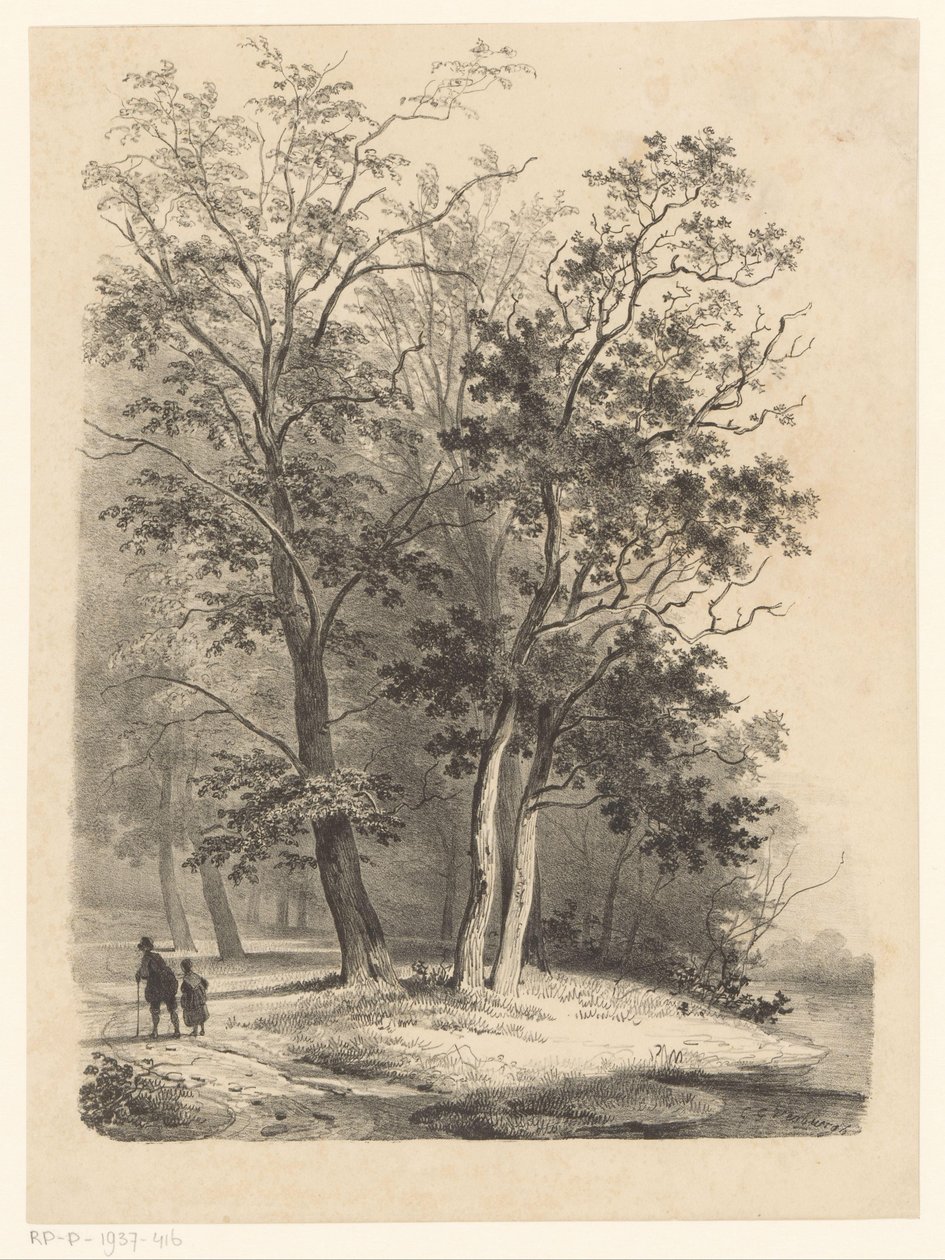 Twee figuren wandelen in een bos door Cornelis Gerrit Verburgh