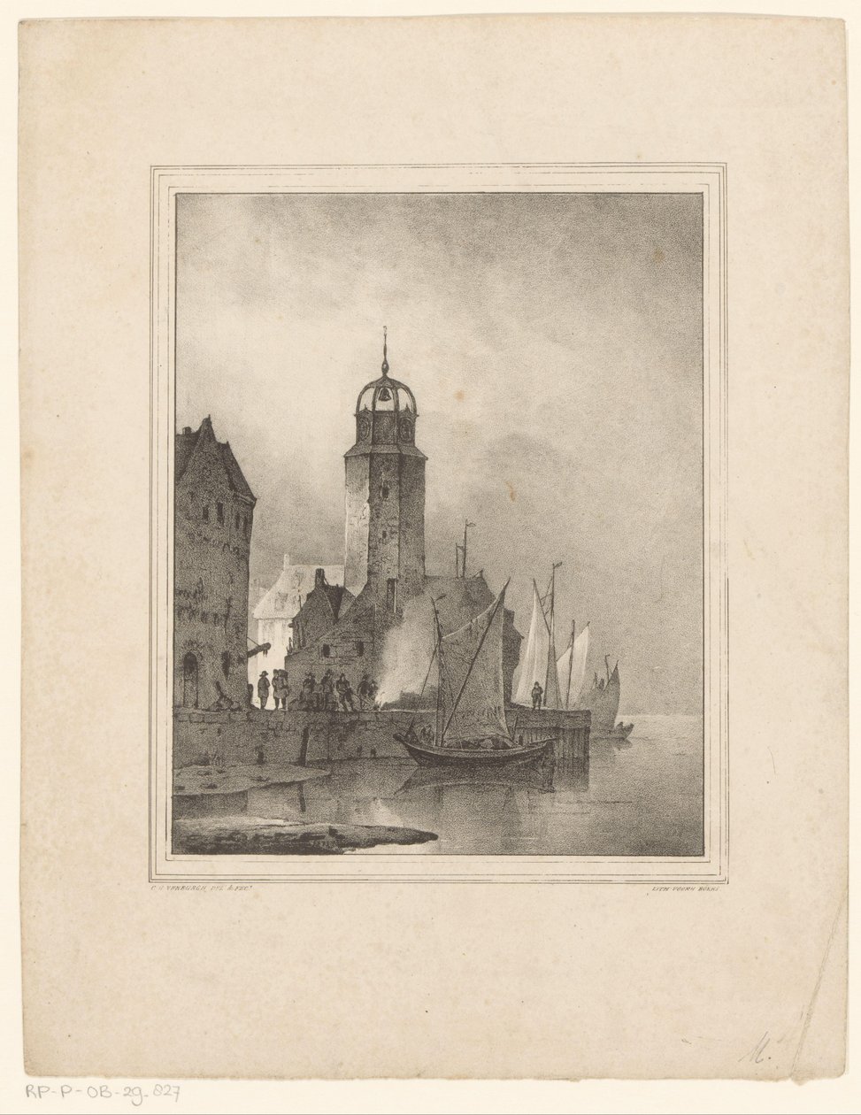 Zeilboten leggen aan in stad door Cornelis Gerrit Verburgh