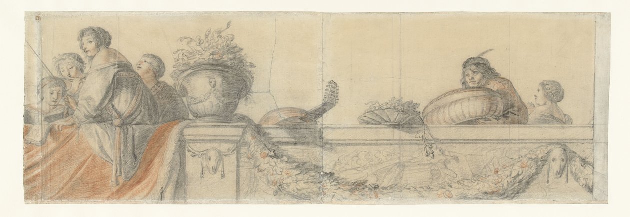 Personen op een balustrade met festoenen (Ontwerpen voor wandschilderingen in kasteel Honselaersdijk) door Cornelis Holsteyn