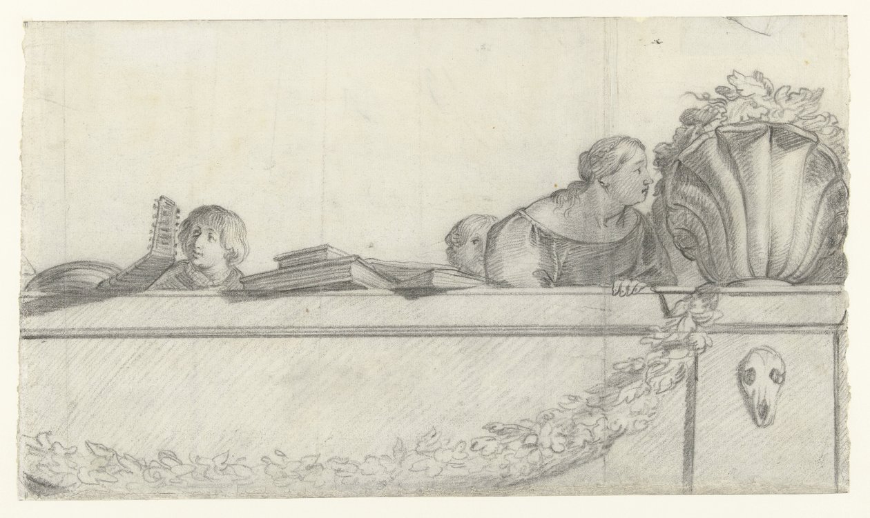 Personen op een balustrade met festoenen (series title) door Cornelis Holsteyn
