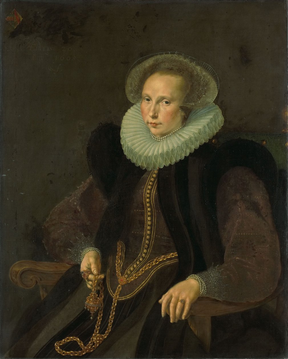 Dutch: Griete Jacobsdr van Rhijn (1585-1652). Echtgenote van Jacob Cornelisz Banjaert, genaamd van Neck Portrait of Griete Jacobsdr van Rhijn (1585-1652). Wife of Jacob Cornelisz Banjaert, called van Neck door Cornelis Ketel