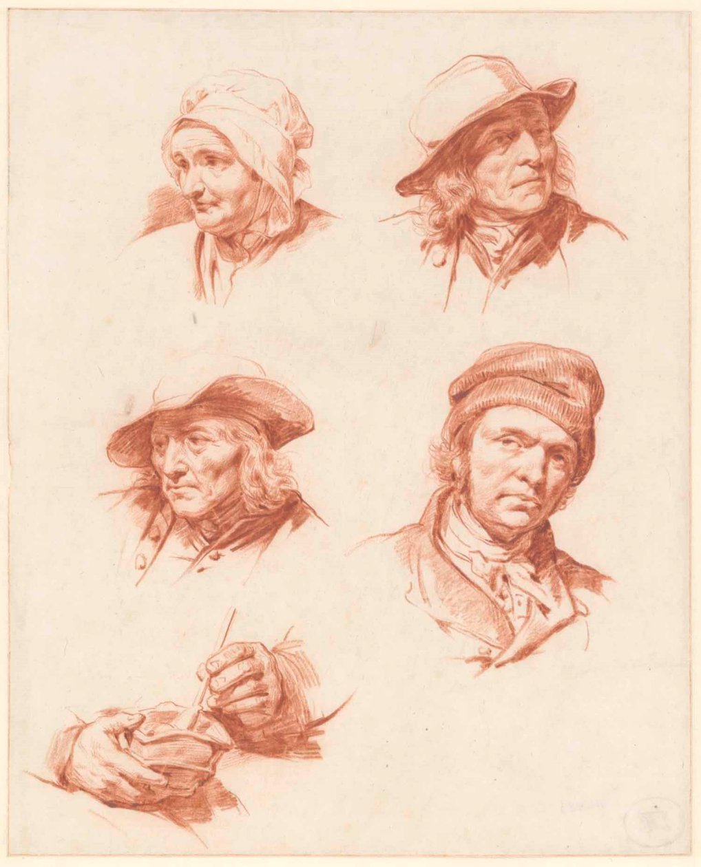 Een studieblad met hoofden door Cornelis Kruseman