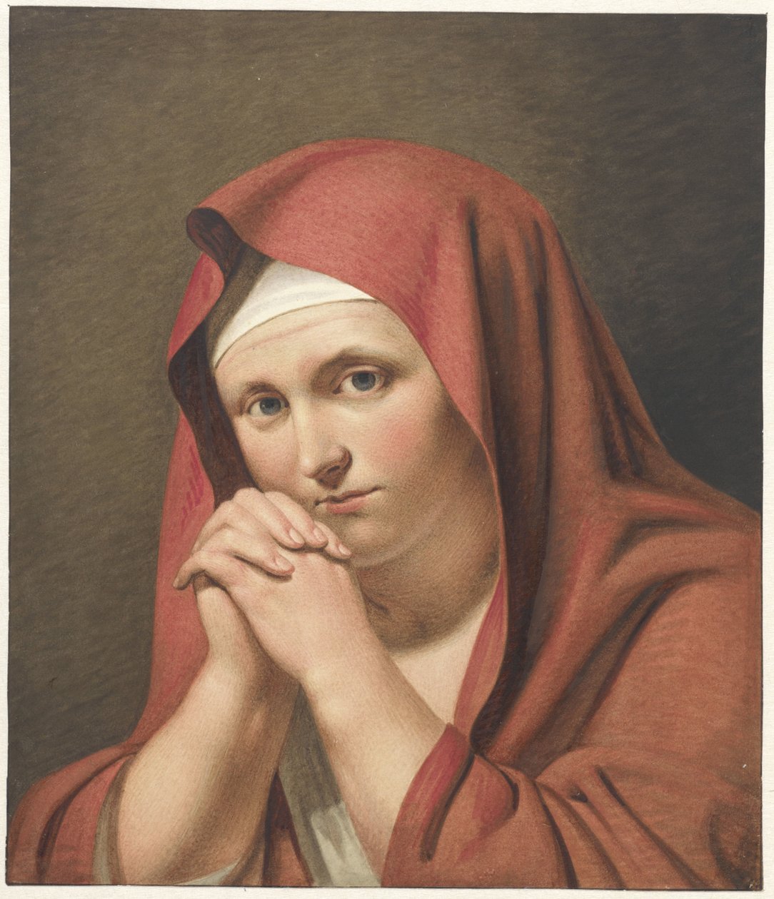 Vrouw in het rood, met gevouwen handen door Cornelis Kruseman