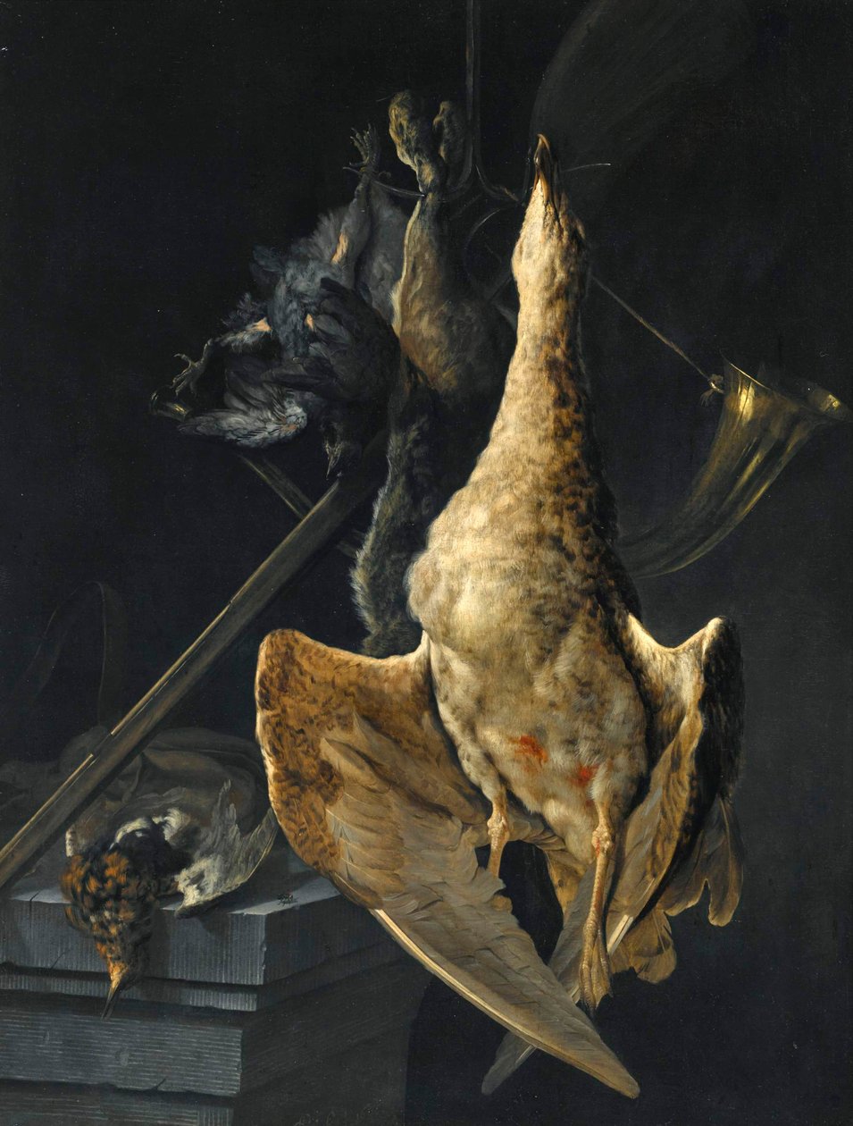 Jachtstilleven met een gans, een haas, een jachthoorn, een jachtgeweer en ander wild door Cornelis Lelienbergh