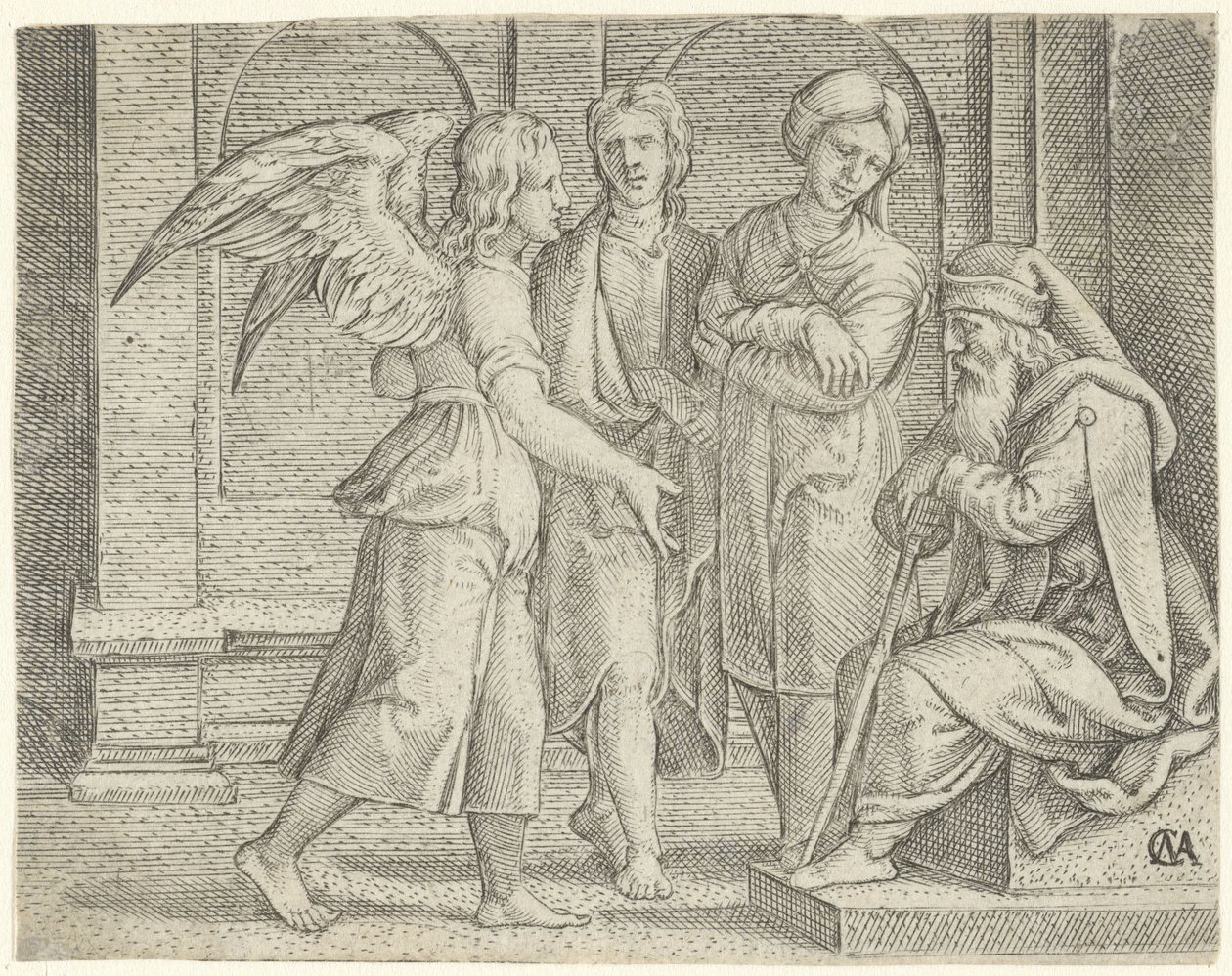 Tobias en de engel bij Tobit en Anna door Cornelis Massijs