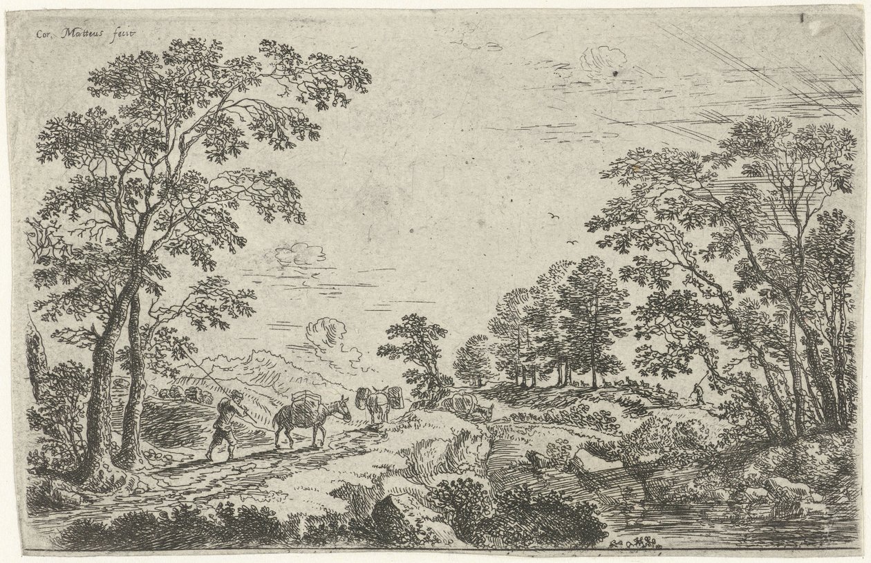 Landschap met muilezeldrijver door Cornelis Matthieu