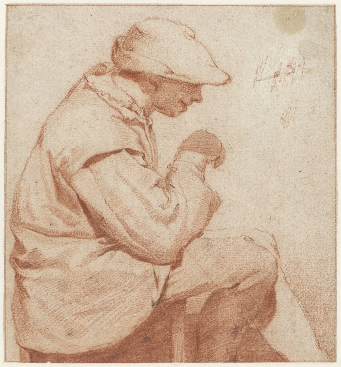 Zittende man met een zachte pet, profiel naar rechts, met zijn rechterhand opgeheven door Cornelis Pietersz. Bega (attributed to)