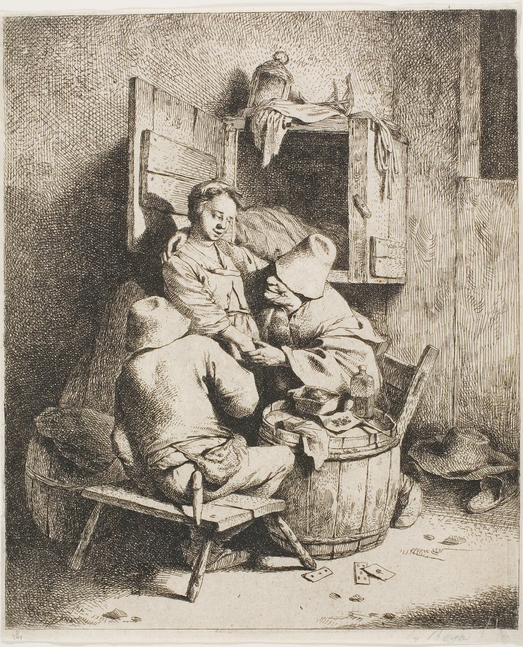Een jonge man streelt de jonge gastvrouw door Cornelis Pietersz. Bega