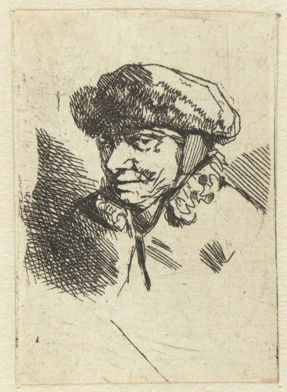 Oude vrouw met bontmuts door Cornelis Pietersz. Bega